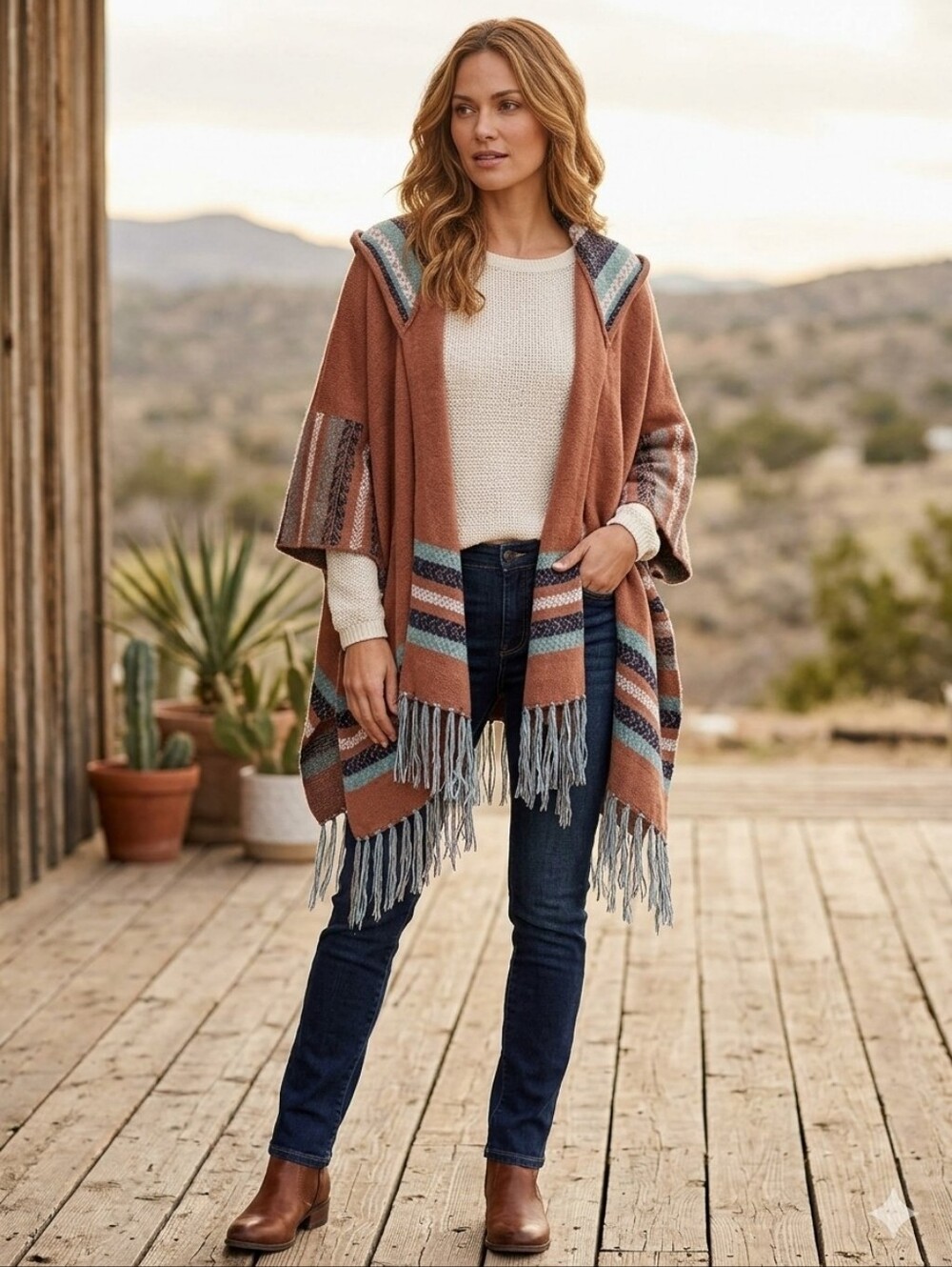 NWT Easel Rust Hooded Fringe Wrap with Blue Cream Stripes Western Native Wool